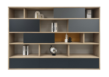 65450_Bibliothèque 4 portes coulissantes 3 tioirs chêne blanchi massif et laqué gris case jaune curncuma sur mesure personnalisable made in bretagne Rennes