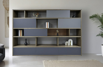 65450_ Bibliothèque 4 portes coulissantes 3 tiroirs noyer naturel et laqué gris fond rouge pozzuoli bois massif sur mesure fabrication française