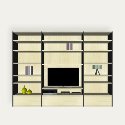 7000_Composition Murale bibliothèque meuble TV 3 tiroirs_ Atelier Chene blanchi &amp; métal Laqué noir style industriel bois massif fabriqué en France sur mesure pirotais
