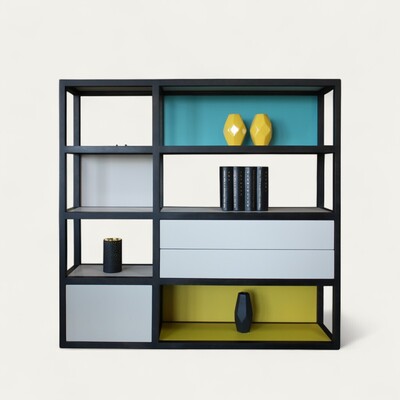 81416 Composition murale bibliothèque OXIGEN bois massif ajourée légère 3 tiroirs modulable personnalisable chêne wengé noir et laqué bleu jaune sur mesure fabrication française