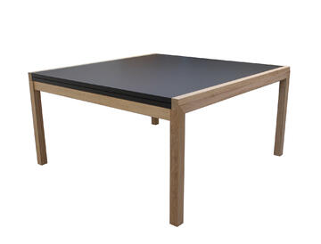 81554_table oxygen carrée allonge sou plateau pied droit en bout sur mesure chêne naturel et fénix noir fabrication française