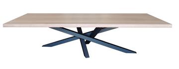 81725_Table rectangulaire 8 personnes piétement acier noir mikado plateau chêne blanchi bois massif chant biseauté avec ou sans allonge fabrication française meubles Pirotais Fougères