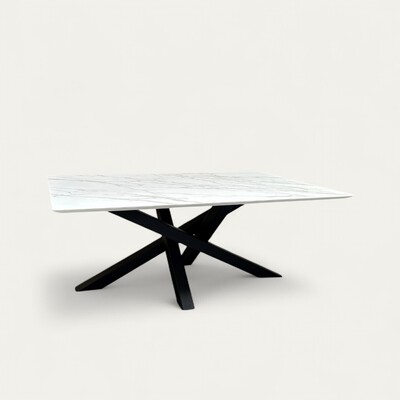 81825DC_Table Mikado plateau rectangulaire biseauté céramique calacatta white pied métal noir sur mesure fabrication artisanale française