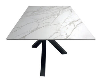 81825DC_Table Mikado plateau rectangulaire biseauté céramique calacatta white pied métal noir sur mesure fabrication artisanale française meubles Pirotais Romagné