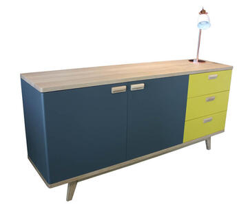 91162_Buffet 2 portes 3 tiroirs DOLCE COOPER en arrondi chêne blanchi et laqué jaune gris antracite sur mesure style vintage retro année 50 bois massif pirotais coté 1