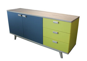 91162_Buffet 2 portes 3 tiroirs DOLCE COOPER en arrondi chêne blanchi et laqué jaune gris antracite sur mesure style vintage retro année 50 bois massif pirotais coté 2