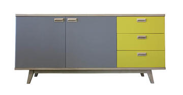 91162_Buffet 2 portes 3 tiroirs DOLCE COOPER en arrondi chêne blanchi et laqué jaune gris taupe sur mesure style vintage retro année 50 bois massif pirotais face