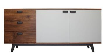 91162 buffet cooper 3 portes étagère sur crémaillères bois  noyer naturel massif laque blanc  poignée côtés arrondis made in france artisanal