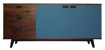 91162 buffet cooper 3 portes étagère sur crémaillères bois  noyer naturel massif laque bleu stone et noir poignée côtés arrondis made in france artisanal
