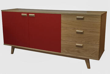 91162_Buffet rétro 2 portes 3 tiroirs rouge rubis Chêne naturel bois massif étagères réglables sur crémaillères bois made in France Fougères