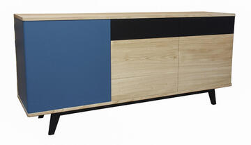 91172_Buffet cooper 3 portes 2 tiroirs push pull châtaignier blanchi laqué bleu cosy balustrade bois massif made in France sur mesure personnalisable