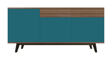 91172_Buffet cooper 3 portes 2 tiroirs push pull noyer naturel et laqué bleu pétrole bois massif made in Bretagne sur mesure personnalisable