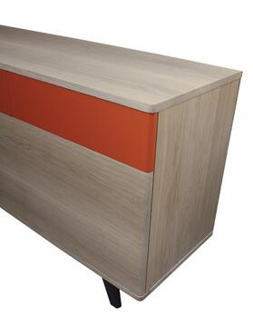 91172d_Buffet cooper 3 portes 2 tiroirs push pull chêne blanchi laqué orange bois massif made in Bretagne sur mesure personnalisable Pirotais meubles Romagné