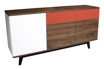 91172D_Buffet cooper 3 portes 2 tiroirs push pull noyer naturel et laqué rouge blanc balustrade bois massif made in Bretagne sur mesure personnalisable