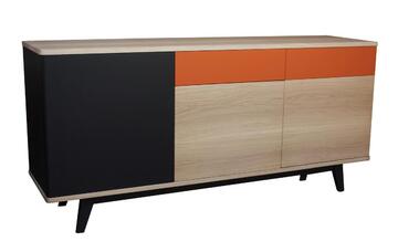 91172p_Buffet cooper 3 portes 2 tiroirs push pull chêne blanchi laqué orange bois massif made in Bretagne sur mesure personnalisable