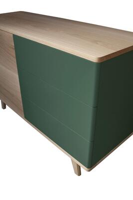 91254_Buffet 1 porte 3 tiroirs COOPER coins arrondis chêne blanchi et vert Egypte sur mesure retro année 50 bois massif