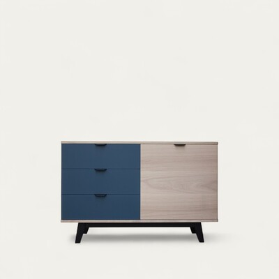 91254_Buffet 1 porte 3 tiroirs COOPER en arrondi chêne blanchi et bleu nuit sur mesure retro année 50 bois massif