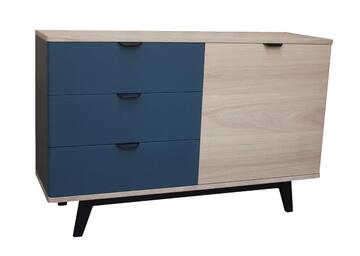 91254_Buffet 1 porte 3 tiroirs COOPER en arrondi chêne blanchi et bleu nuit sur mesure retro année 50 bois massif personnalisable made in bretagne