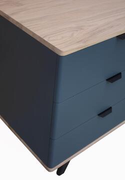 91254_Buffet 1 porte 3 tiroirs COOPER en arrondi chêne blanchi et bleu nuit sur mesure retro année 50 bois massif personnalisable