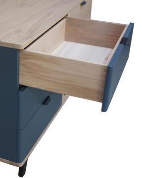 91254_Buffet 1 porte 3 tiroirs COOPER en arrondi chêne blanchi et bleu nuit sur mesure retro année 50 bois massif poignée bec noir