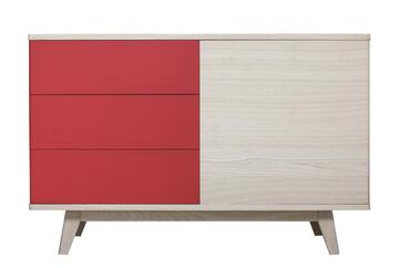 91254_Buffet 1 porte 3 tiroirs COOPER en arrondi châtaignier blanchi et laquérouge sur mesure retro année 50 bois massif