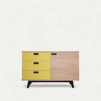 91254_Buffet 1 portes 3 tiroirs COOPER en arrondi chêne blanchi et laqué jaune sur mesure retro année 50 bois massif