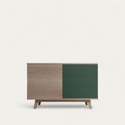 91254_Buffet 1 portes 3 tiroirs COOPER en arrondi chêne blanchi et vert Egypte sur mesure retro année 50 bois massif