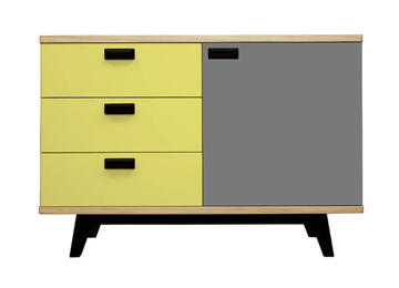 91254 Buffet 1 porte 3 tiroirs chêne blanchi jaune citron gris plomb  noir balustrade scandinave piétement vintage  côté arrondis poignée fabriqué en France