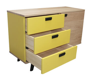 91254_Buffet 1 porte 3 tiroirs COOPER en arrondi chêne blanchi et laqué jaune sur mesure retro année 50 bois massif tiroirs ouverts