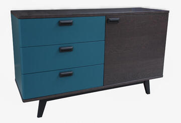 91254_Buffet cooper 3 tiroirs et 1 porte avec ralentisseurs chêne anthracite laqué bleu et noir bois massif personnalisable made in France