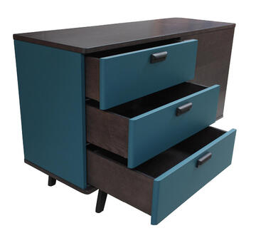 91254_Buffet cooper 3 tiroirs poignée coquille 1 porte chêne anthracite laqué bleu et noir bois massif personnalisable made in France