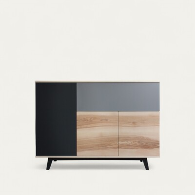 91470_Vaisselier 3 portes 1 abattant sur vérins frêne olivier blanchi et laqué gris sur mesure Pirotais Romagné