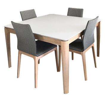 91551 table carrée cooper chêne blanchi fénix blanc coins arrondis pied fuseau allonge en bout fabrication française