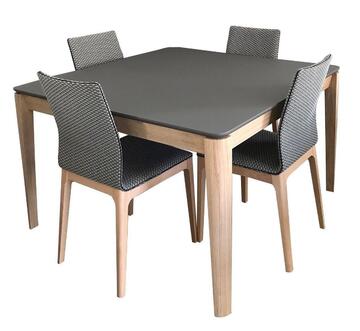 91551 table carrée cooper chêne blanchi fénix gris coins arrondis pied fuseau allonge en bout fabriquée en bretagne