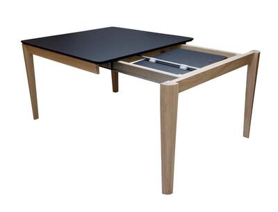 91552 table carrée cooper fénix noir et chêne blanchi 1 allonge portefeuille en bout pieds sur roulettes sur mesure made in bretagne Rennes Pirotais meubles