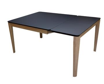91552 table carrée cooper fénix noir et chêne blanchi 1 allonge portefeuille en bout pieds sur roulettes sur mesure made in France Rennes Pirotais meubles