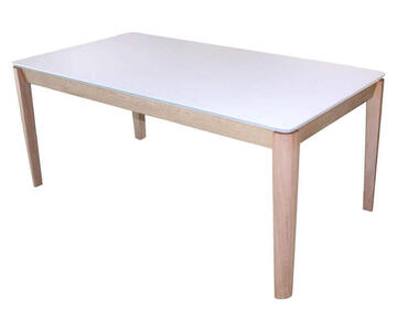 91570_Table de repas 1 allonge en bout dessus résine fenix blanc en arrondi DOLCE COOPER pieds chêne massif blanchi sur mesure vintage retro scandinave pieds arrondi fin pirotais