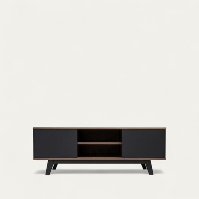 92260 Buffet TV 2 portes 1 niche noyer massif et laqué noir balustrade extra mat année 60 vintage fabricant français sur mesure pirotais