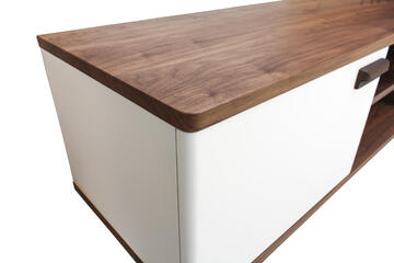 92260D buffet tv noyer nature laqué blanc poignée 2 portes ralentisseurs 1 étagère style rétro arrondi fabrication française