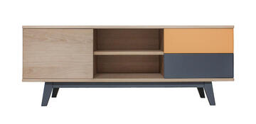 92265 buffet TV 1 porte coulissante 1 niche 2 tiroirs chêne blanchi et laqué jaune curcuma gris ardoise noir extra mat année 60 vintage fabricant français sur mesure Pirotais meubles