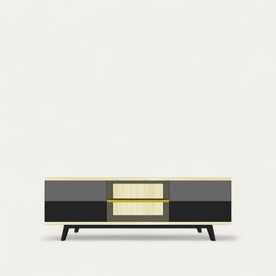 92270_Buffet TV cooper 4 tiroirs 1 niche chêne blanchi laqué gris jaune sur mesure personnalisable fabrication française artisanale pirotais