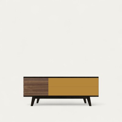 92282_BUFFET TV cooper 1 porte et 2 tiroirs push pull_noyer naturel chêne wengé noir bois massif et laque lichen oxydé  balustrade arrondis sur mesure made in bretagne