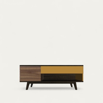 92285_BUFFET TV cooper 1 porte et 1 tiroir push pull_noyer naturel bois massif et laque lichen oxydé  balustrade arrondis sur mesure made in bretagne
