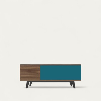 92288_BUFFET TV cooper 1 porte push pull 1 abattant sur vérins pneumatiques_noyer naturel bois massif et laque bleu pétrole balustrade arrondis sur mesure made in bretagne