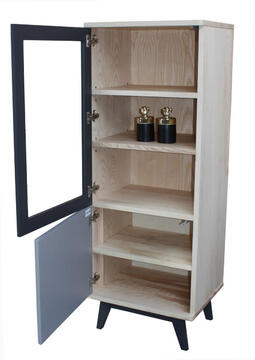 92360 colonne vitrine cooper frêne blanc blanchi massif laqué gris noir  1 porte pleine 1 vitrée entourage laqué étagère réglable sur crémaillères éclairage leds  côtés dessus arrondis made in france