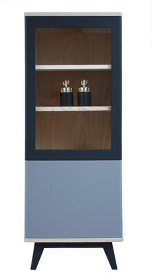 92360 colonne vitrine cooper frêne blanchi massif laqué gris noir  1 porte pleine 1 porte vitrée entourage bois étagère réglable sur crémaillères éclairage leds bois côtés dessus arrondis made in bretagn