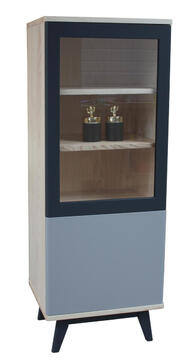 92360 colonne vitrine cooper frêne blanchi massif laqué gris noir  1 porte pleine 1 vitrée entourage laqué étagère réglable sur crémaillères éclairage leds bois côtés dessus arrondis made in france