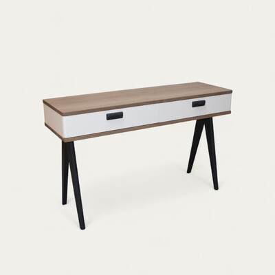 92450 console 2 tiroirs chêne massif arrondis compas laqué blancwengé noir poignée rétro fabrication française bretagne