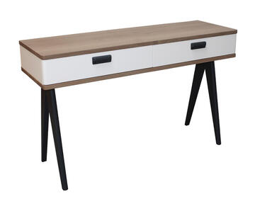 92450 console 2 tiroirs chêne massif arrondis compas laqué blancwengé noir poignée rétro fabrication française bretagne