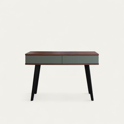 92450_Console 2 tiroirs push pull pied slim vintage coins arrondis noyer naturel vert sauge balustrade bois massif sur mesure fabrication française Pirotais